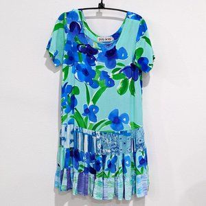 Jams World Hattie Violet Bouquet Shift Dress Hawaiian Floral Blue Green Size XS